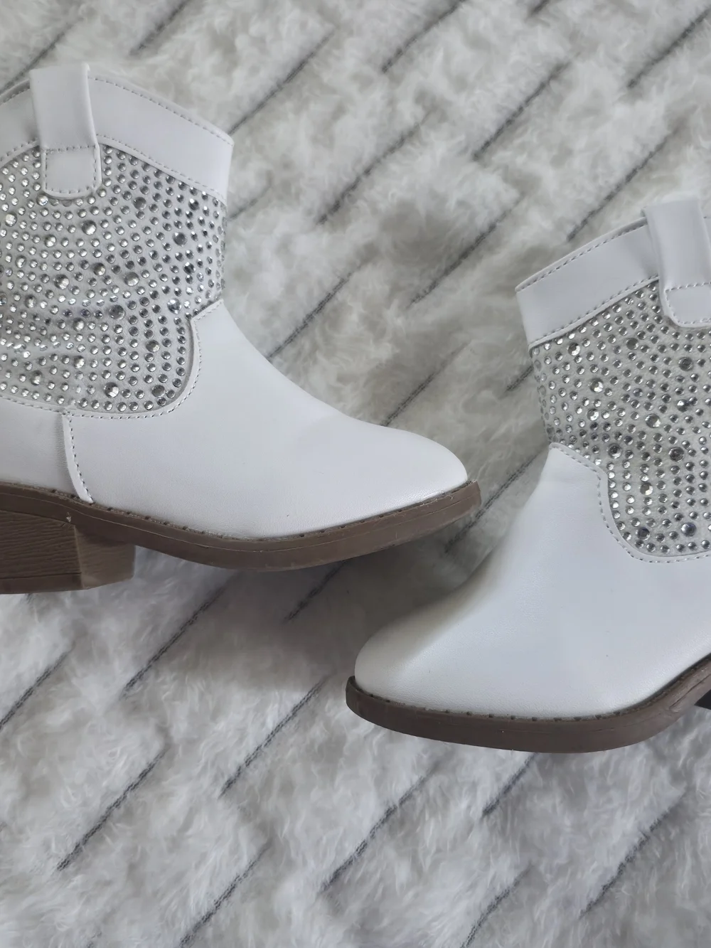 White Rhinestone Girls' Booties with Brown Outsole